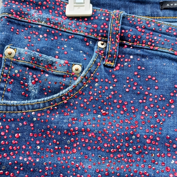 Avenue George V  Red Rhinestone Skinny Jeans Mens Sz 32 Button Fly Distressed - Picture 3 of 11